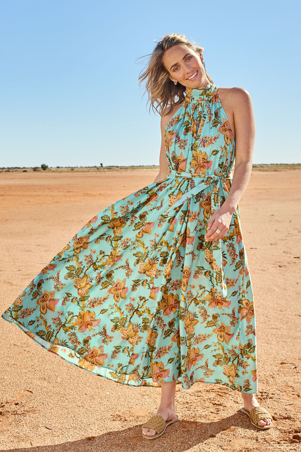 Model Tegan wearing size 10 of the Dream Daze Cotton Maxi Dress in colour Sky (Blue), from the front, showing the whole outfit