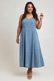 Model Ashleigh wearing size 16 of the For All Seasons Denim Dress in colour Denim (Blue), from the front, showing the whole outfit