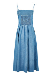 Product shot of the For All Seasons Denim Dress in colour Denim (Blue), from the back