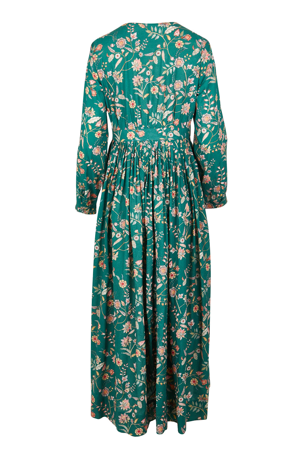 Product shot of the Divine Day Wrap Dress in colour Greenfleur (Green), from the back