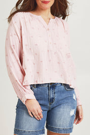 Model Jane wearing size 14 of the By The Meadow Embroidered Blouse in colour Pink (Pink), from the front, cropped image