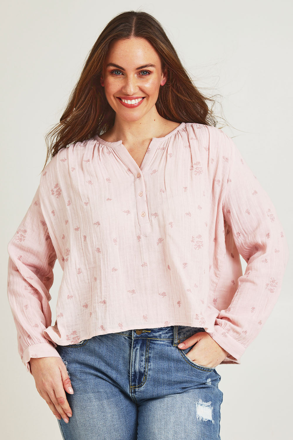 Model Jane wearing size 14 of the By The Meadow Embroidered Blouse in colour Pink (Pink), from the front, cropped image