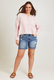 Model Jane wearing size 14 of the By The Meadow Embroidered Blouse in colour Pink (Pink), from the front, showing the whole outfit