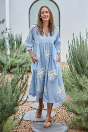 Model Tegand wearing size 10 of the Day Dreaming Embroidered Dress – Dustyblue in colour Dustyblue, from the front
