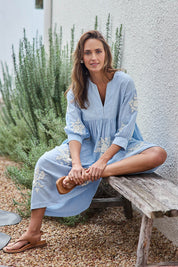Model Tegand wearing size 10 of the Day Dreaming Embroidered Dress – Dustyblue in colour Dustyblue, from the front