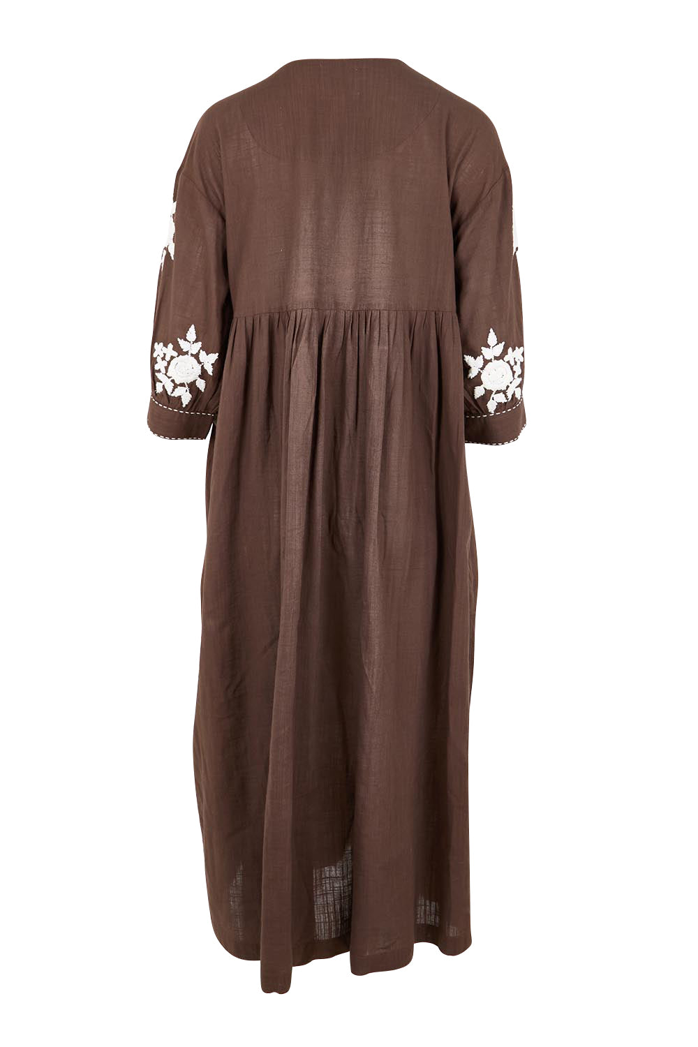 Product shot of the Day Dreaming Embroidered Dress – Dustychoc in colour Dustychoc, from the back