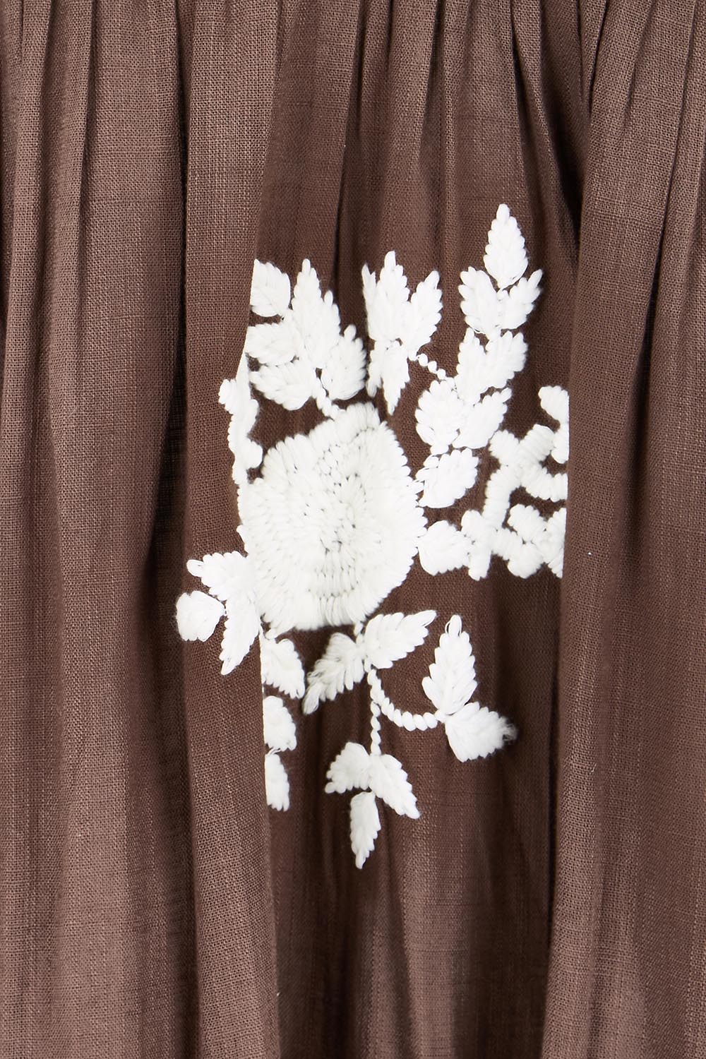 Product shot of the Day Dreaming Embroidered Dress – Dustychoc in colour Dustychoc, showing detail