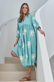Model Tegand wearing size 10 of the Day Dreaming Embroidered Dress – Dustygreen in colour Dustygreen, from the front