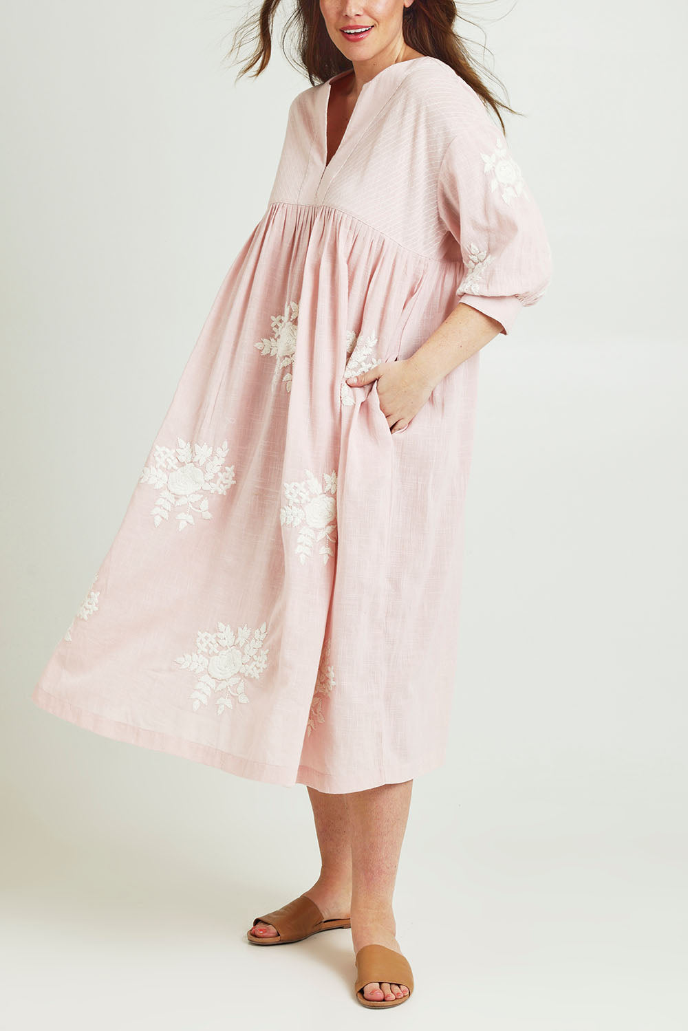 Model Jane wearing size 14 of the Day Dreaming Embroidered Dress in colour Dustypink (Pink), from the front, cropped image