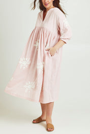 Model Jane wearing size 14 of the Day Dreaming Embroidered Dress in colour Dustypink (Pink), from the front, cropped image