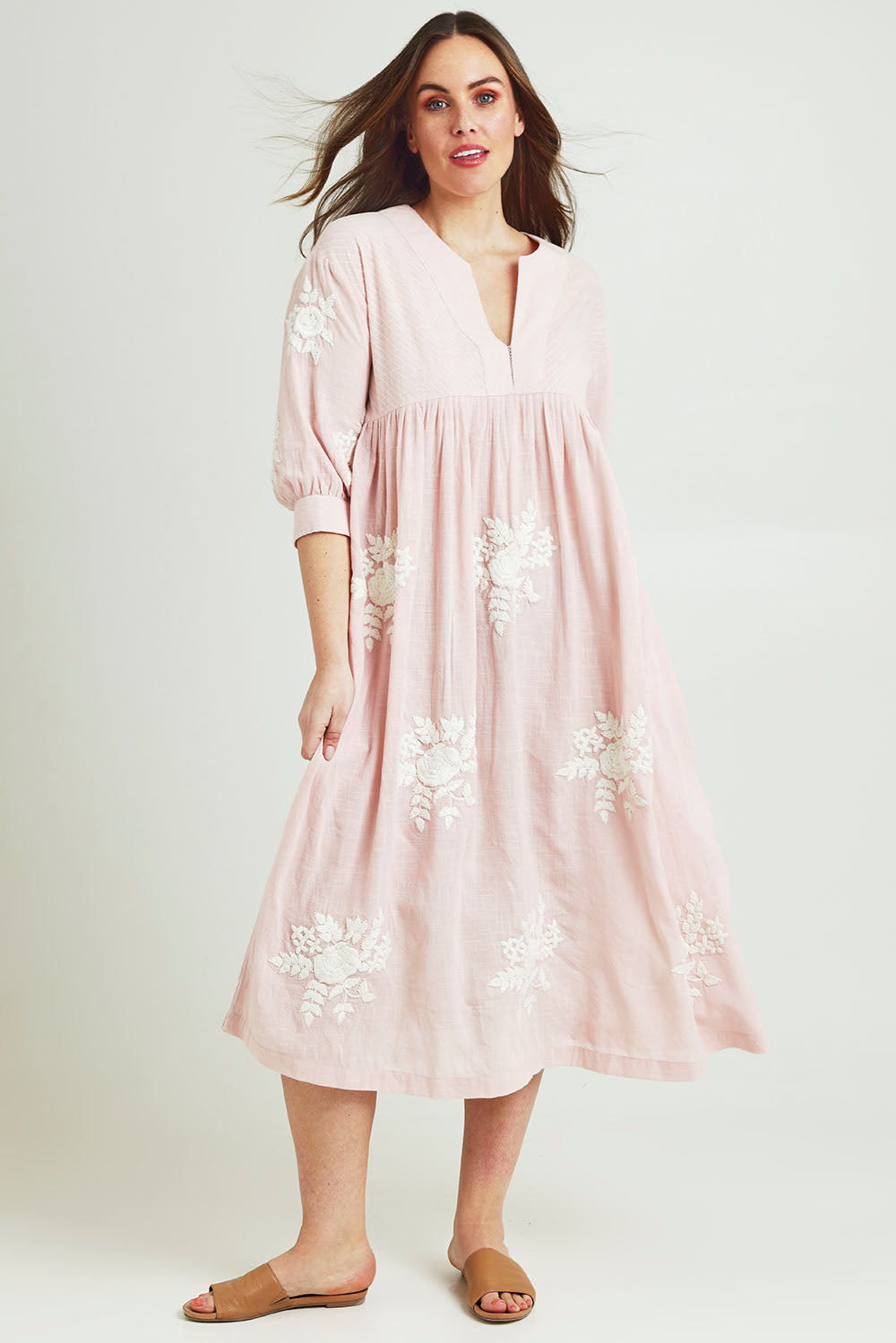 Model Jane wearing size 14 of the Day Dreaming Embroidered Dress in colour Dustypink (Pink), from the front, showing the whole outfit