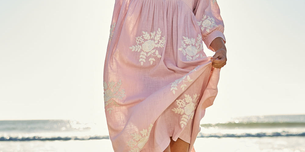 Model Tegan wearing size 10 of the Day Dreaming Embroidered Dress in colour Dustypink (Pink), from the front, showing the whole outfit