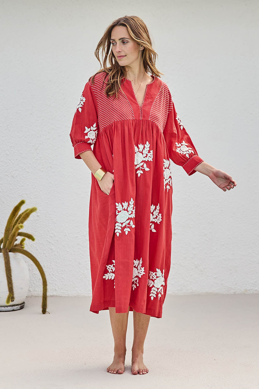 Model Tegand wearing size 10 of the Day Dreaming Embroidered Dress – Dustyred in colour Dustyred, from the front