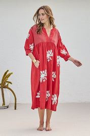 Model Tegand wearing size 10 of the Day Dreaming Embroidered Dress – Dustyred in colour Dustyred, from the front