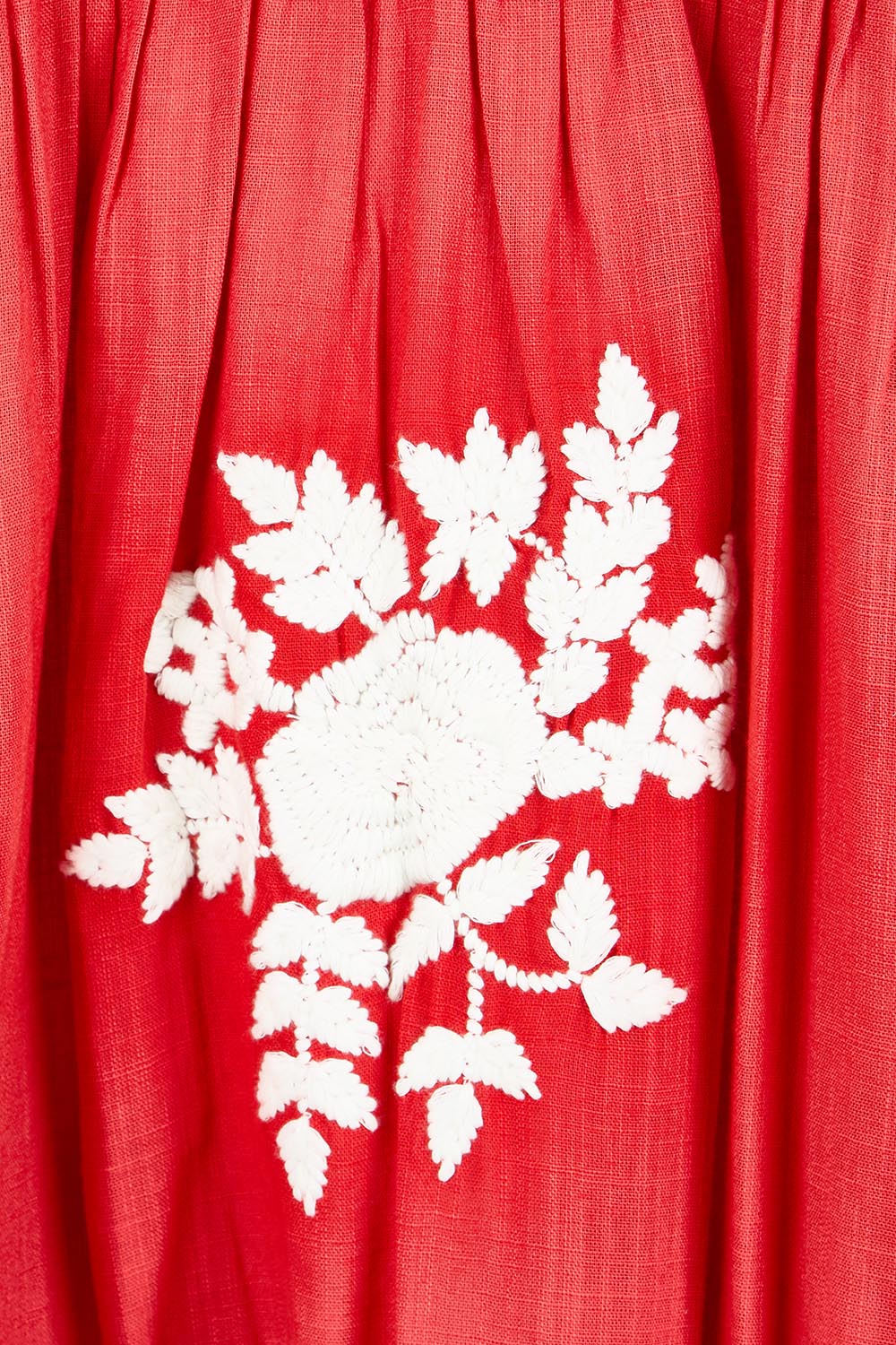 Product shot of the Day Dreaming Embroidered Dress – Dustyred in colour Dustyred, showing detail