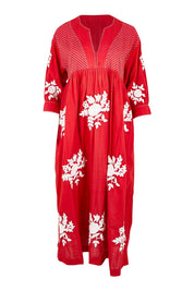 Product shot of the Day Dreaming Embroidered Dress – Dustyred in colour Dustyred, from the front
