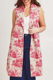 Model Jane wearing size 14 of the Toile De Jouy Vest in colour Pinktoile (Pink), from the front, cropped image