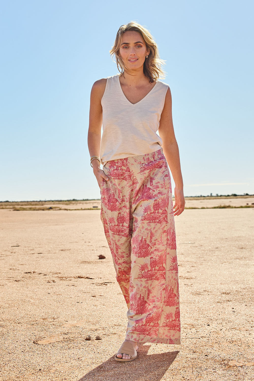 Model Tegan wearing size 10 of the Toile De Jouy Pants in colour Pinktoile (Pink), from the front, showing the whole outfit