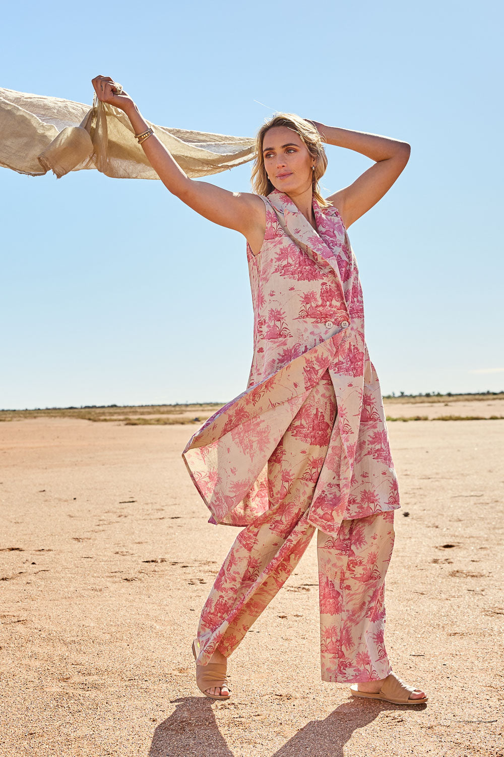 Model Tegan wearing size 10 of the Toile De Jouy Pants in colour Pinktoile (Pink), from the front, showing the whole outfit