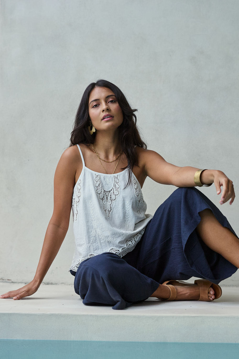Model Tahnee wearing size 10 of the Sweet Feels Cotton Cami in colour Milk, from the front, showing the whole outfit