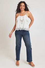 Model Terri-Leigh wearing size 14 of the Sweet Feels Cotton Cami in colour Milk, from the front, showing the whole outfit