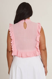 Model Ashleigh wearing size 18 of the Easy Frills Embroidered Top in colour Blossom (Pink), from the back