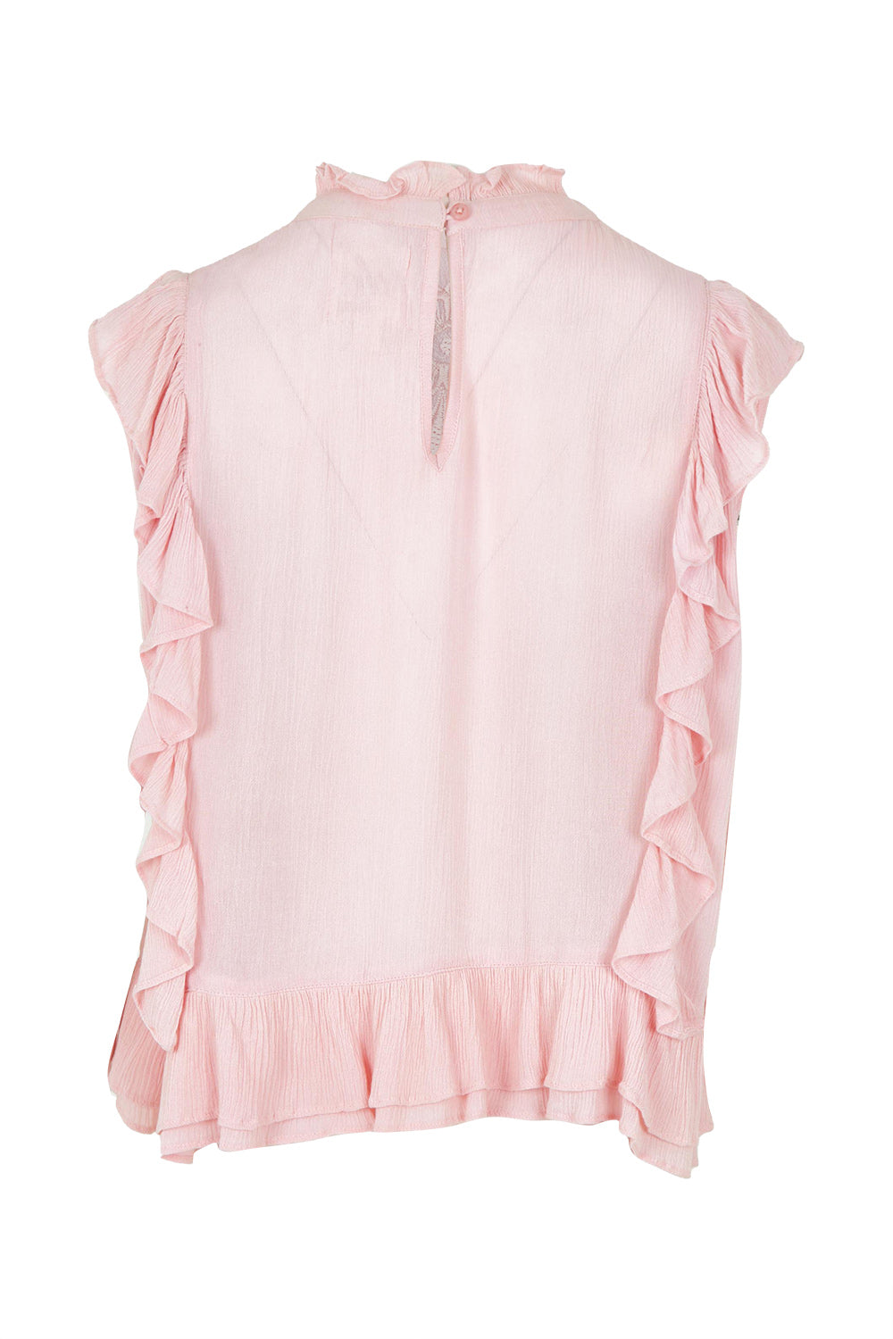 Product shot of the Easy Frills Embroidered Top in colour Blossom (Pink), from the back