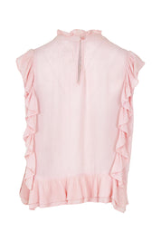 Product shot of the Easy Frills Embroidered Top in colour Blossom (Pink), from the back