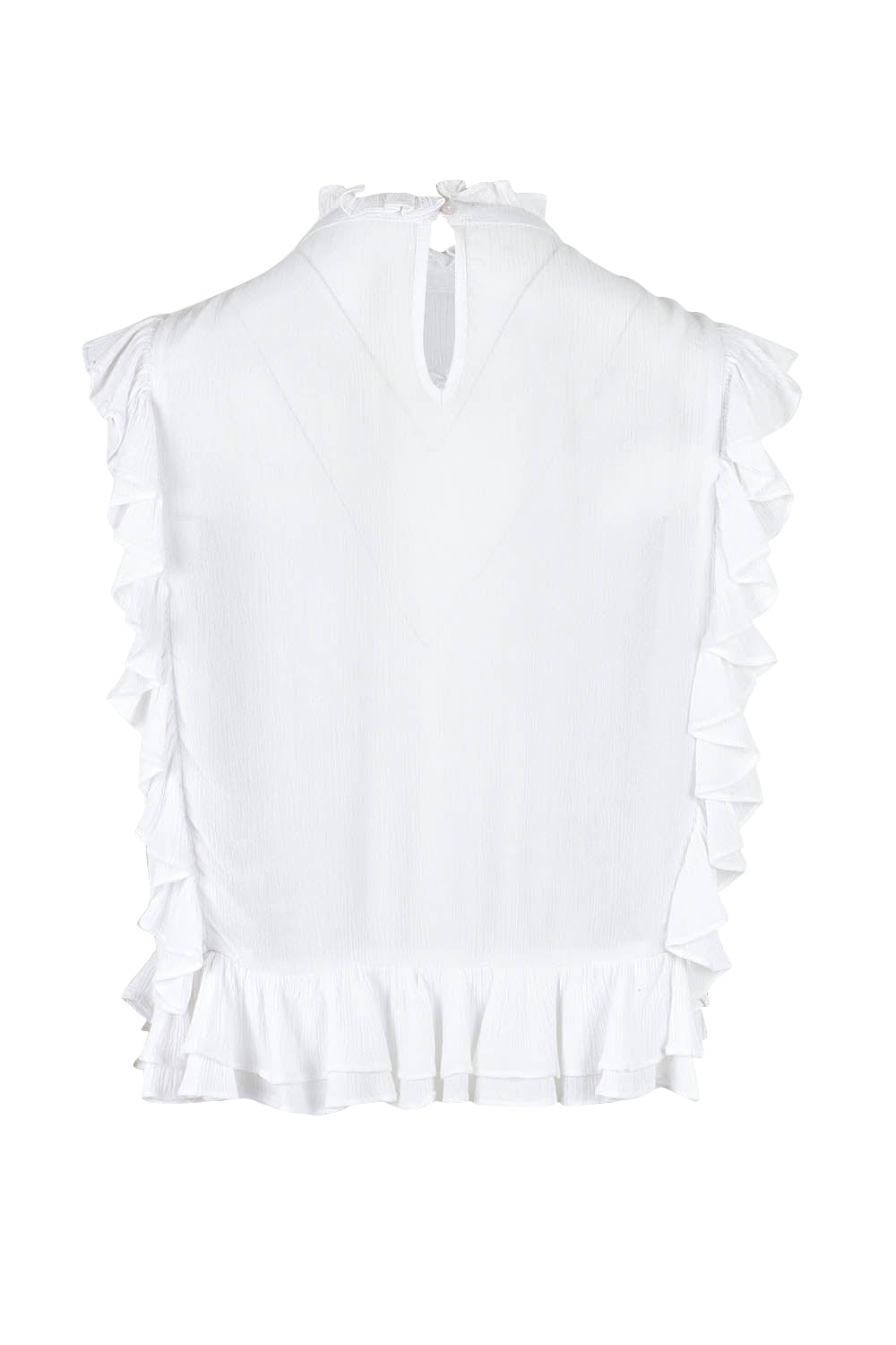 Product shot of the Easy Frills Embroidered Top in colour Milk (White), from the back