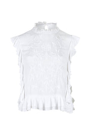 Product shot of the Easy Frills Embroidered Top in colour Milk (White), from the front