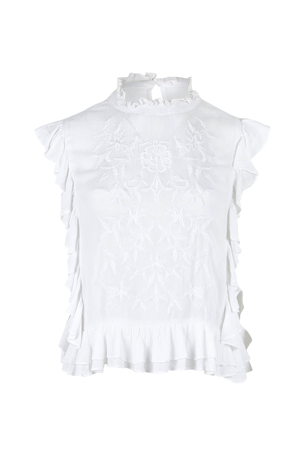 Product shot of the Easy Frills Embroidered Top in colour Milk (White), from the front