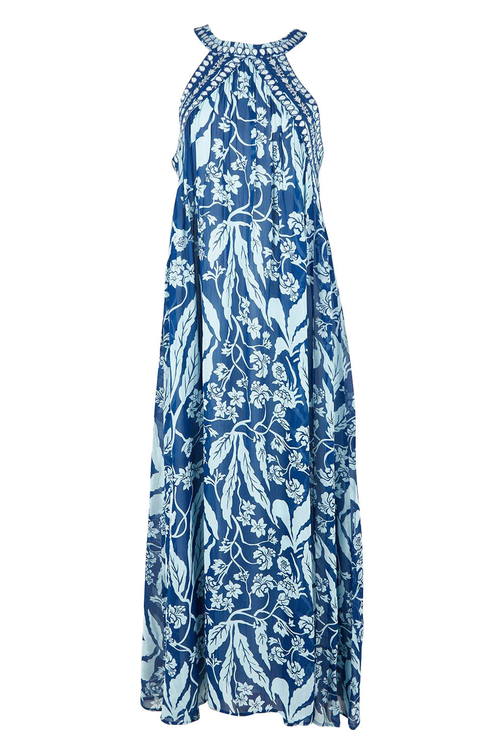 Product shot of the Garden Party Halter Neck Dress in colour Bluefleur (Blue), from the front
