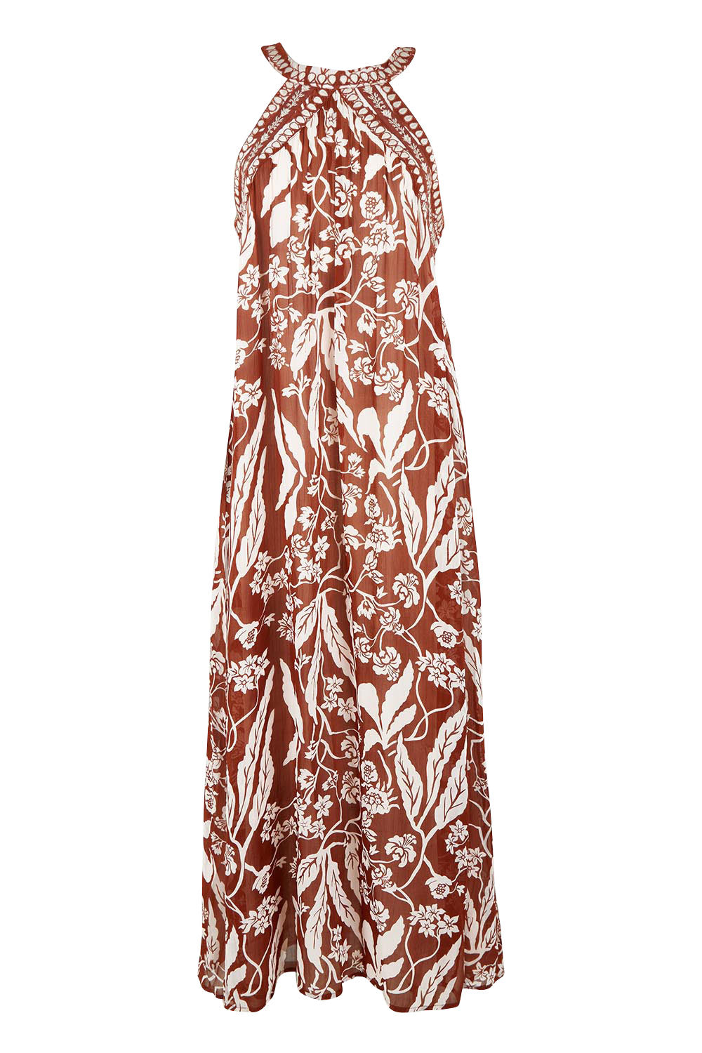 Product shot of the Garden Party Halter Neck Dress in colour Cocoafleur, from the front