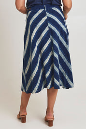 Model Terri-Leigh wearing size 14 of the Pocket Full Of Dreams Skirt in colour Stripe (Blue), from the back
