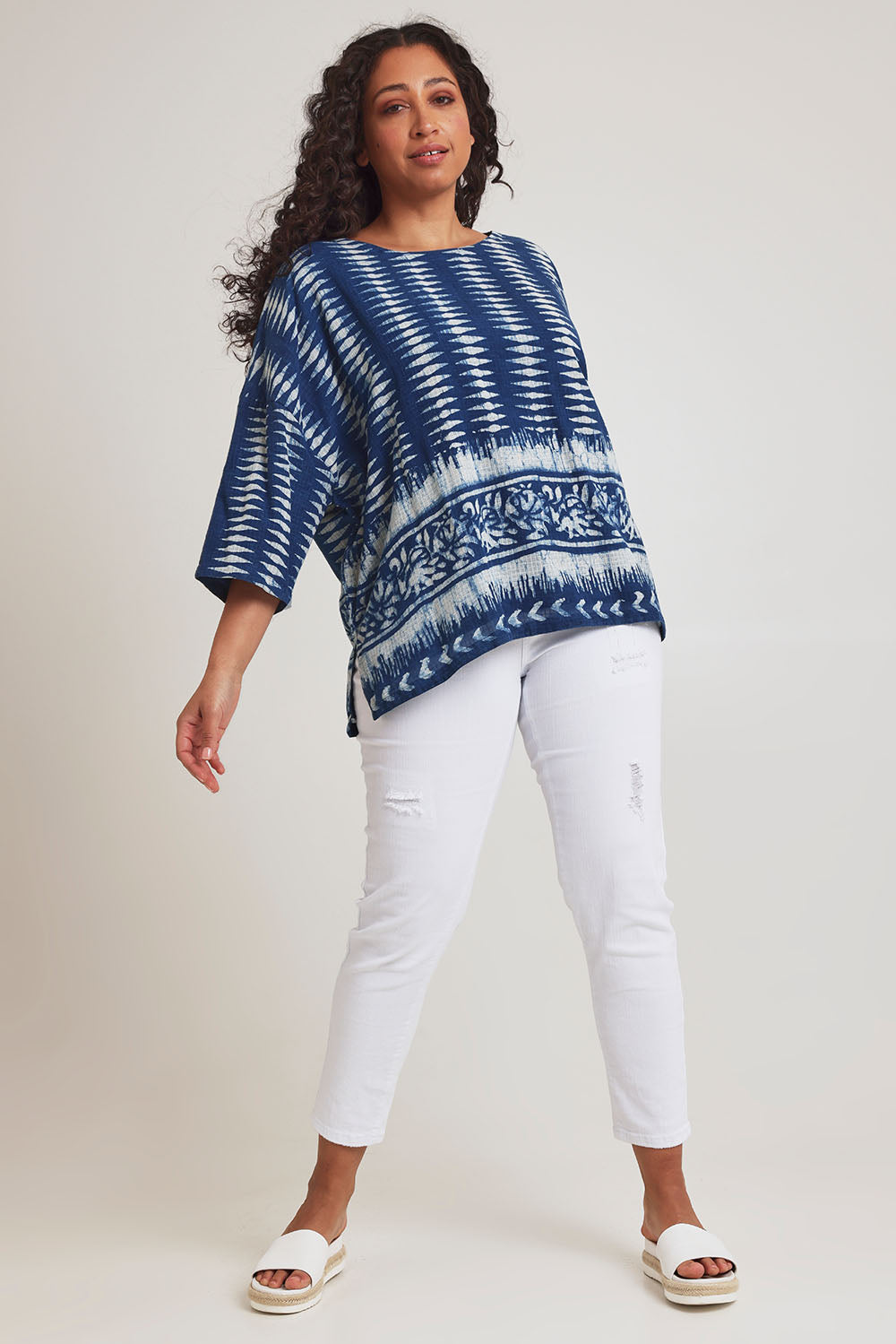 Model Terri-Leigh wearing size L of the True Delight Kota Doria Top in colour Indigo (Blue), from the front, showing the whole outfit