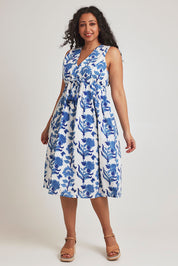 Model Terri-Leigh wearing size 14 of the Always A Pleasure Dress in colour Bluefleur (Blue), from the front, showing the whole outfit