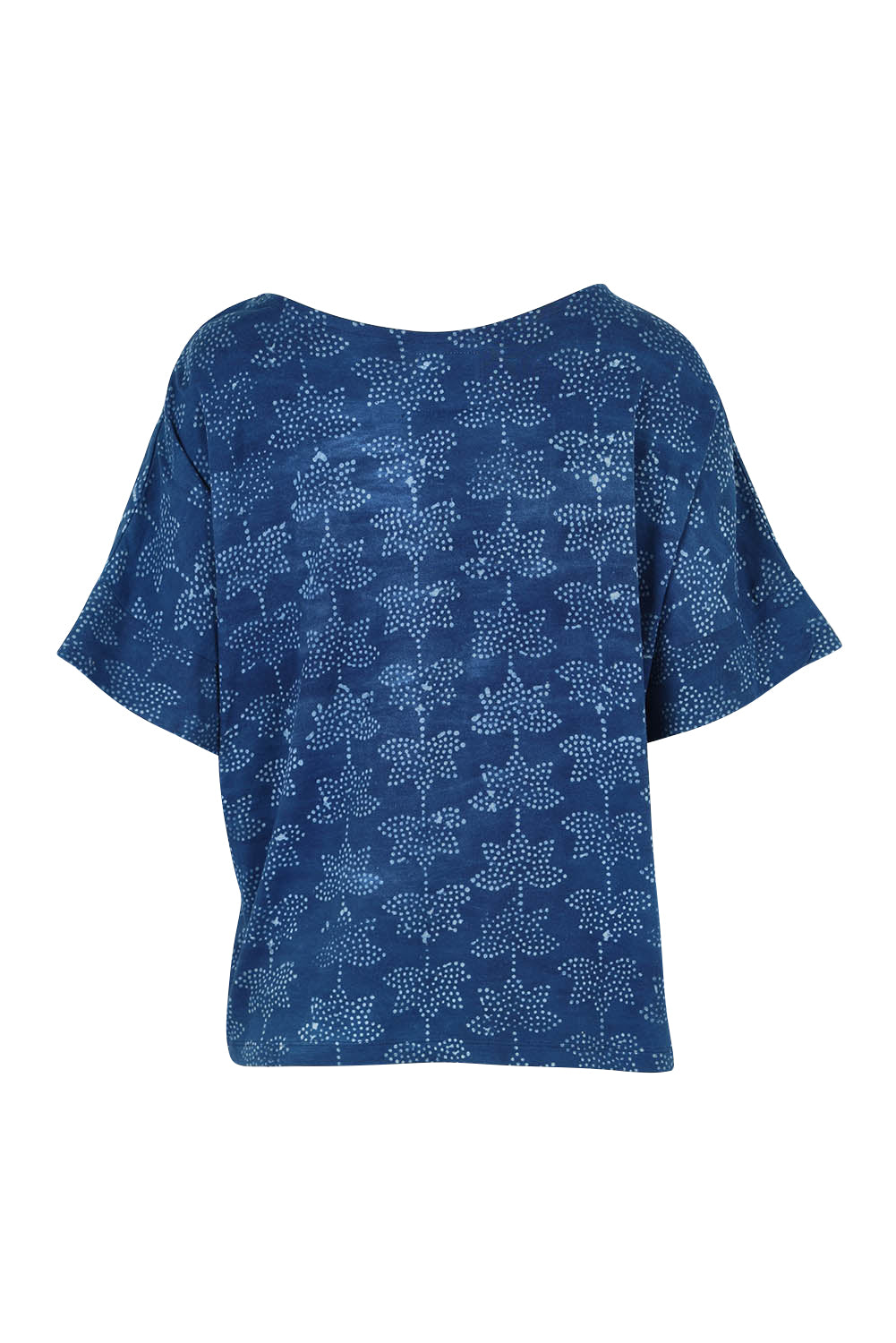 Product shot of the Sunday Funday Blockprint Tee in colour Indigo (Blue), from the back