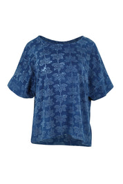 Product shot of the Sunday Funday Blockprint Tee in colour Indigo (Blue), from the front