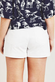 Model Jane wearing size 14 of the Too Good High Rise Denim Short in colour White (White), from the back