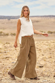 Model Tegand wearing size 10 of the Need You In My Life Cotton Cord  Pants - Birch in colour Birch, from the front
