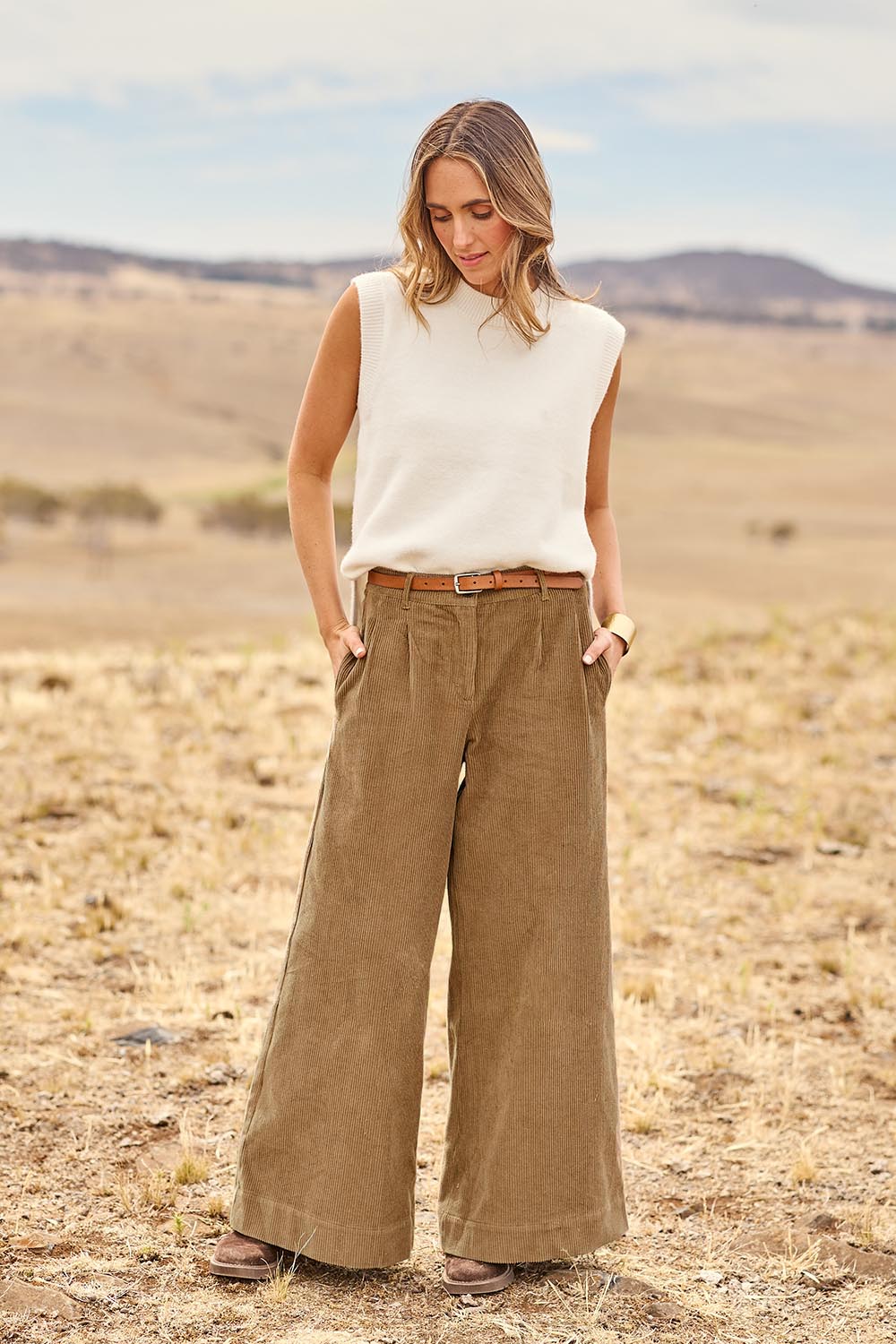 Model Tegand wearing size 10 of the Need You In My Life Cotton Cord  Pants - Birch in colour Birch, from the front