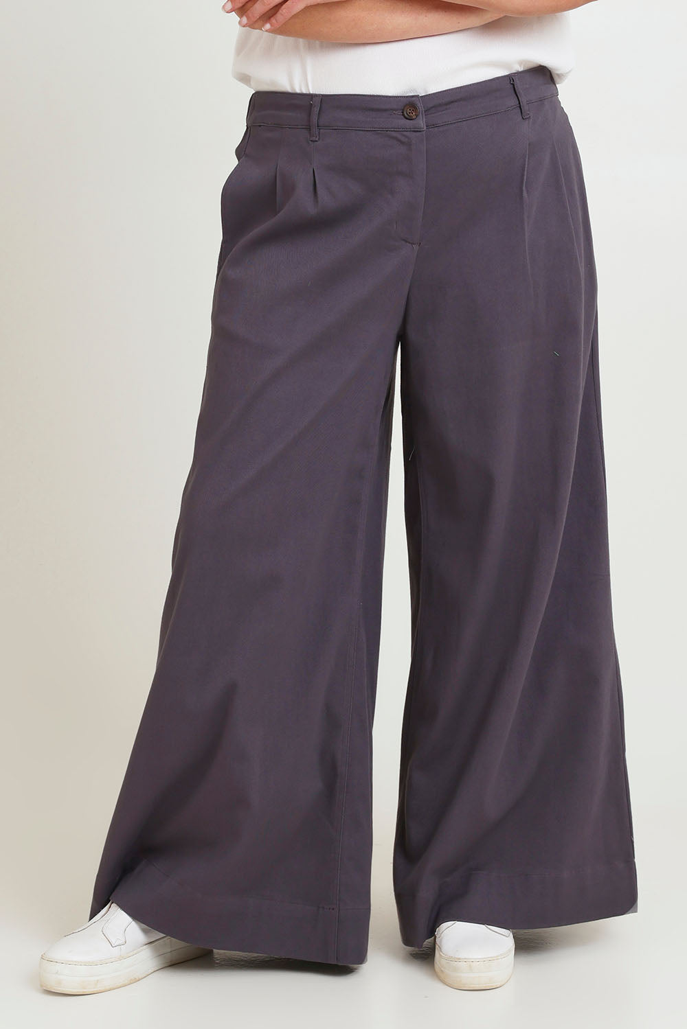 Model Chanel wearing size 16 of the Need You In My Life Pants in colour Steel (Grey), from the front, showing the whole outfit