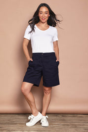 Model Katie wearing size 10 of the Need You In My Life Shorts in colour Frenchblue (Blue), from the front, showing the whole outfit