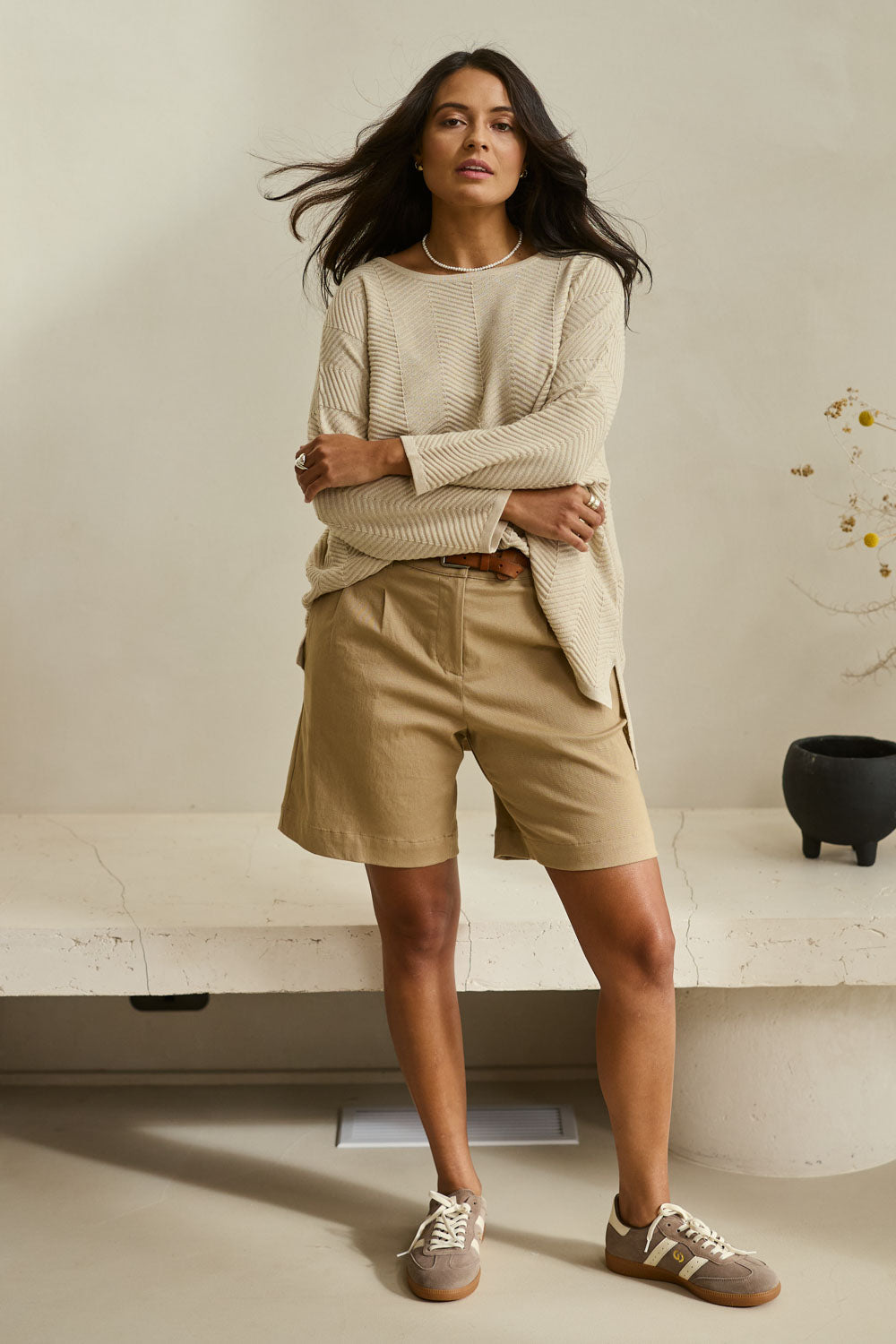 Model Tahnee wearing size 10 of the Need You In My Life Shorts in colour Sand, from the front, showing the whole outfit