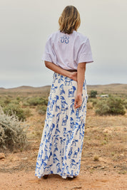 Model Tegan wearing size 10 of the Loving Life Embroidered Tee in colour Horses (White), from the front, showing the whole outfit