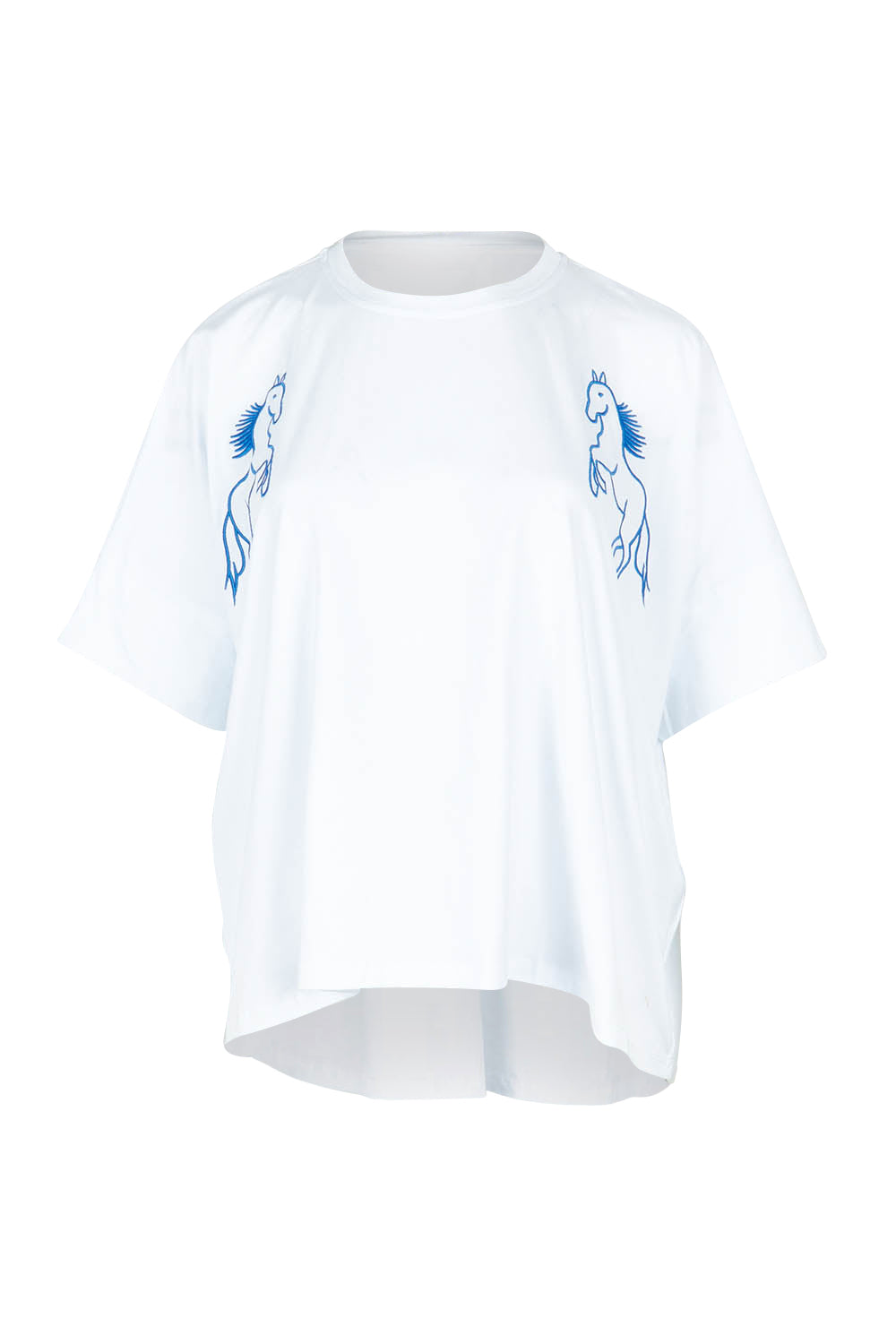 Product shot of the Loving Life Embroidered Tee in colour Horses (White), from the front
