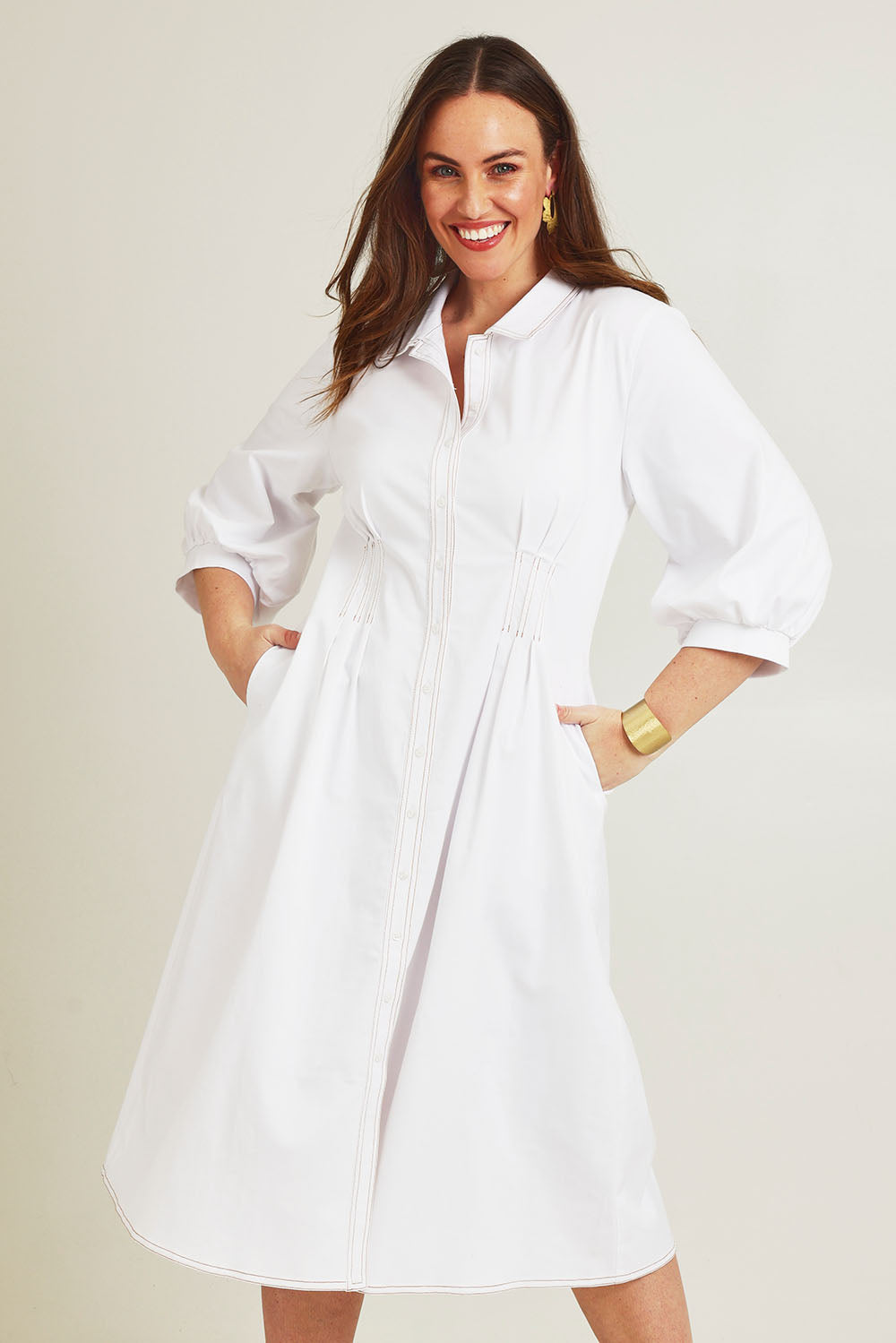 Model Jane wearing size 14 of the Dixie Days Contrast Stitching Dress in colour White (White), from the front, cropped image