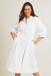 Model Jane wearing size 14 of the Dixie Days Contrast Stitching Dress in colour White (White), from the front, cropped image