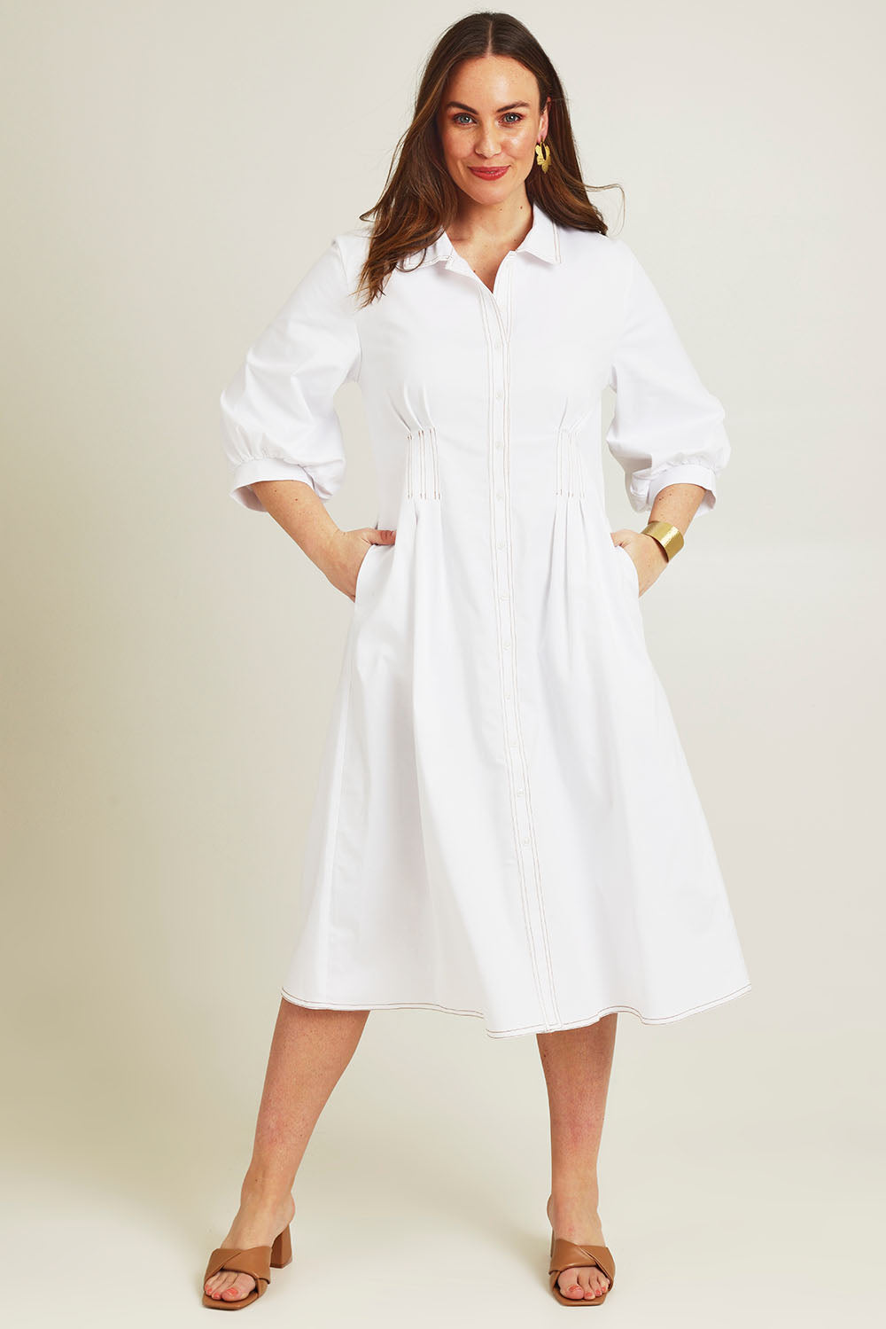 Model Jane wearing size 14 of the Dixie Days Contrast Stitching Dress in colour White (White), from the front, showing the whole outfit