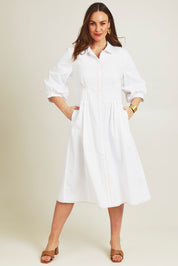 Model Jane wearing size 14 of the Dixie Days Contrast Stitching Dress in colour White (White), from the front, showing the whole outfit